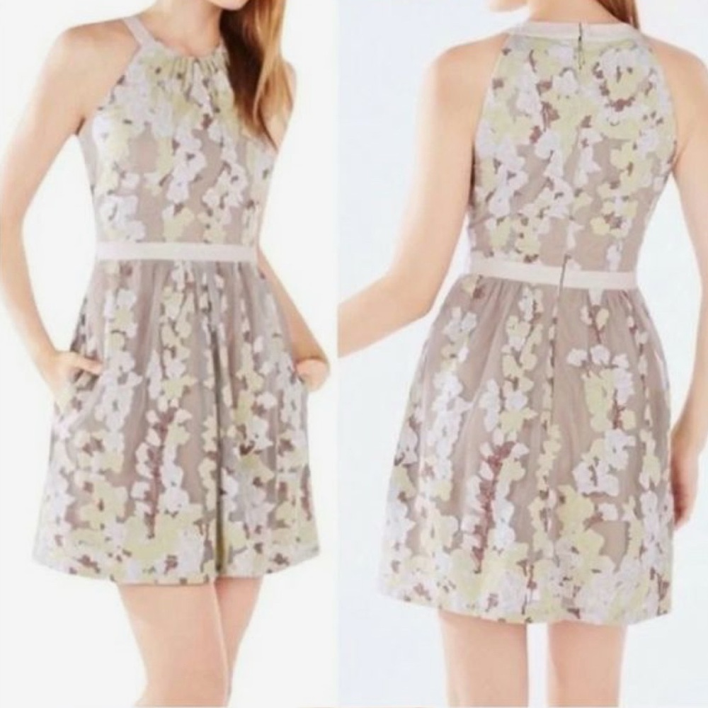 BCBG Max Azria Cailyn Silver Dove Floral Lace Dress - Cream and Yellow